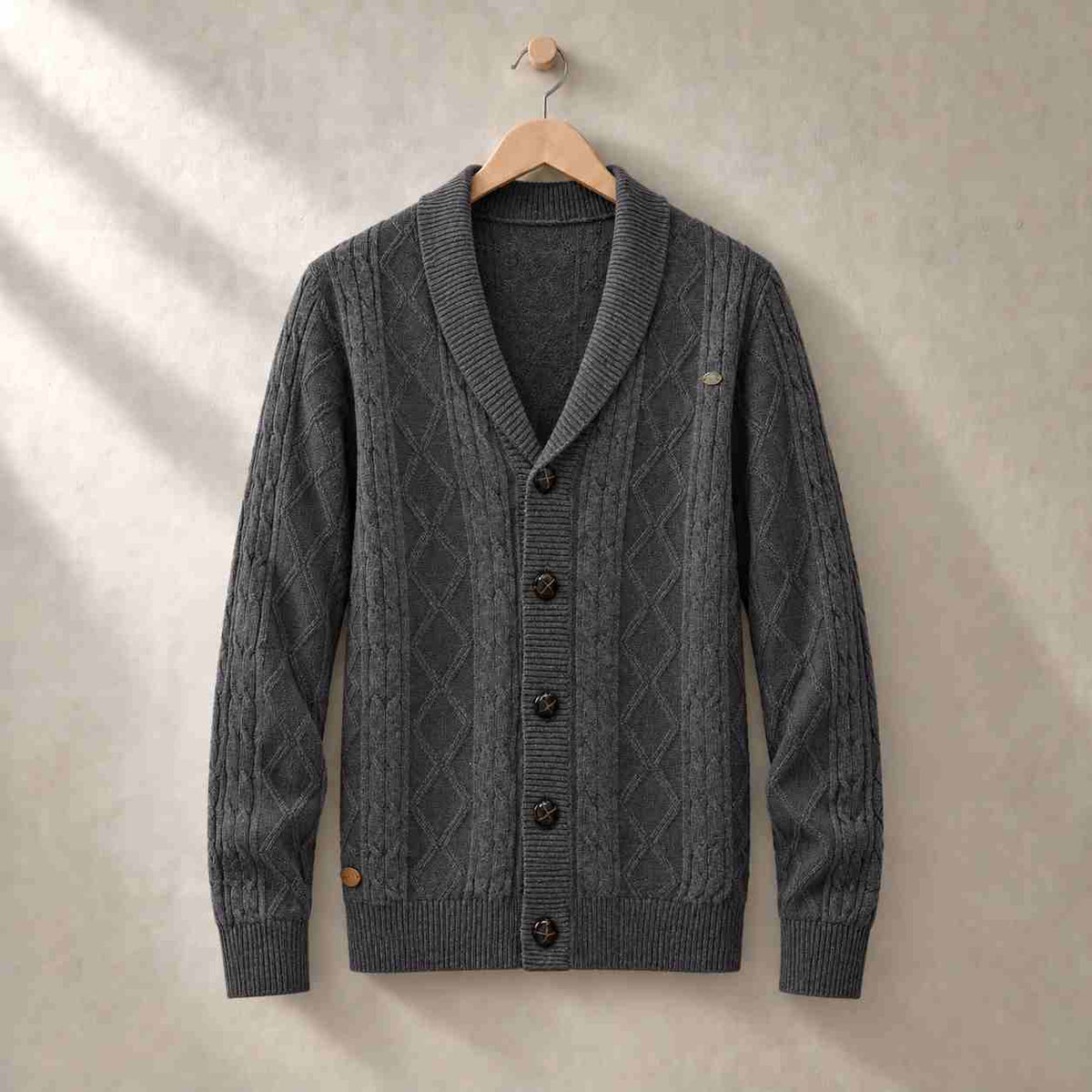 Ashford cable knit shawl collar cardigan, view 4