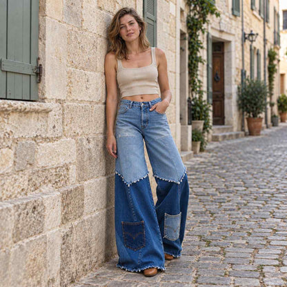 Indigo Mosaic Wide-Leg Jeans