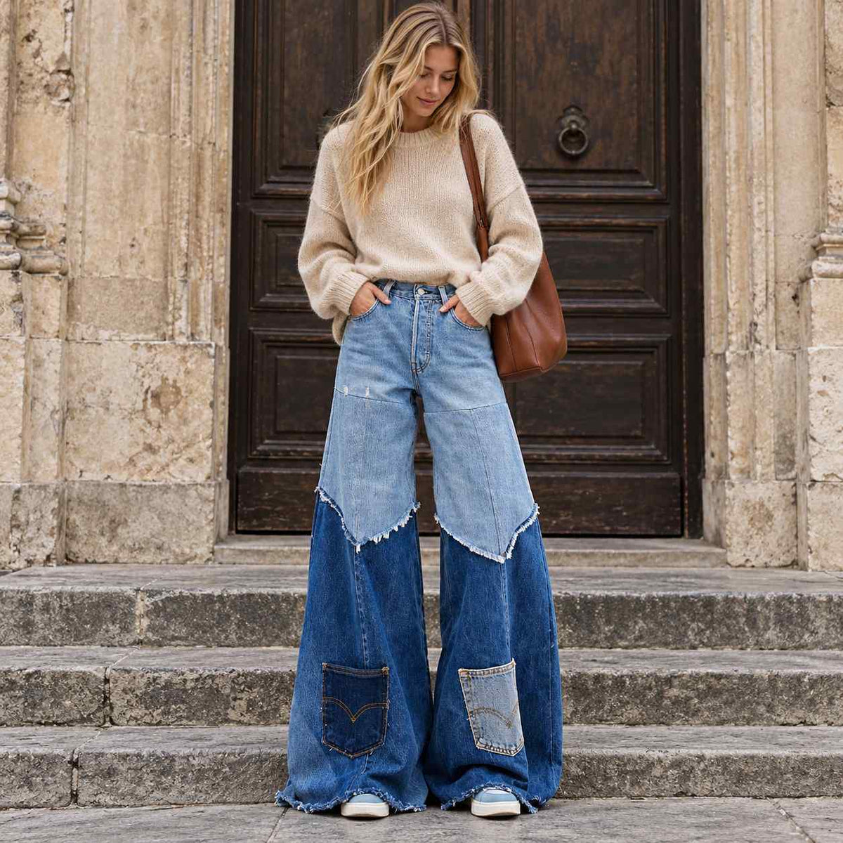 Indigo Mosaic Wide-Leg Jeans