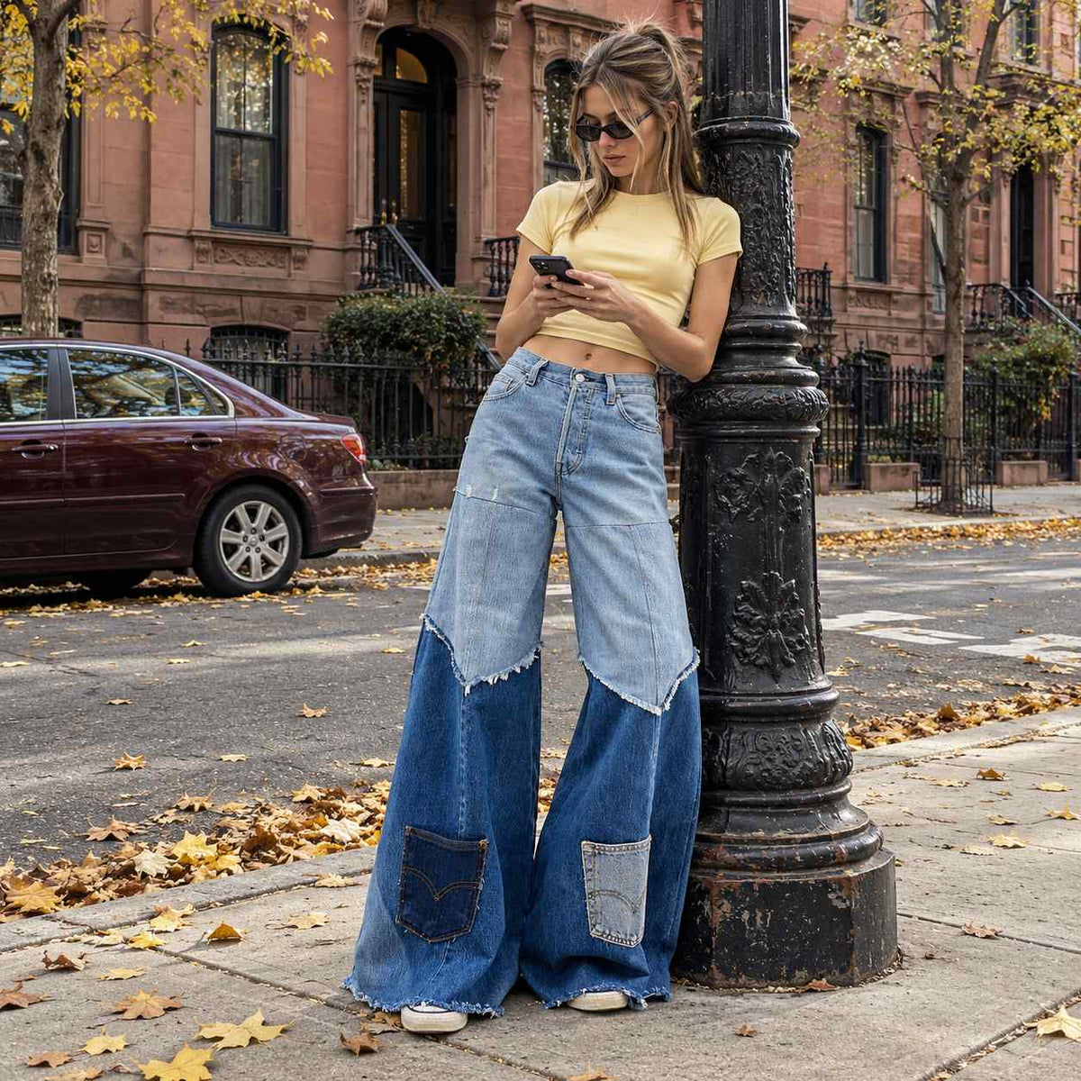 Indigo Mosaic Wide-Leg Jeans